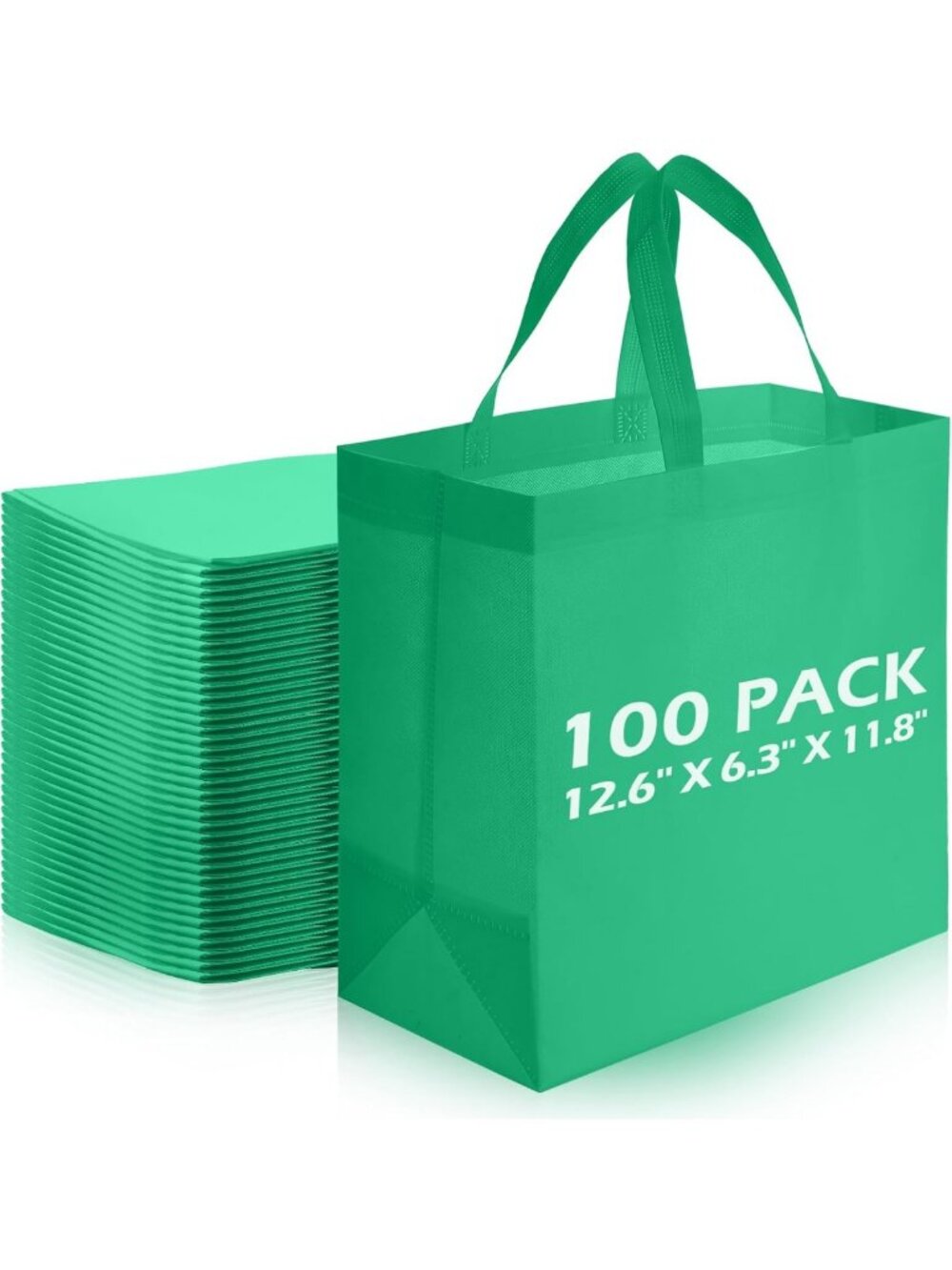 100 PCS Green Non-Woven Tote Bags Bulk, Reusable Shopping Bags, Eco-Friendly